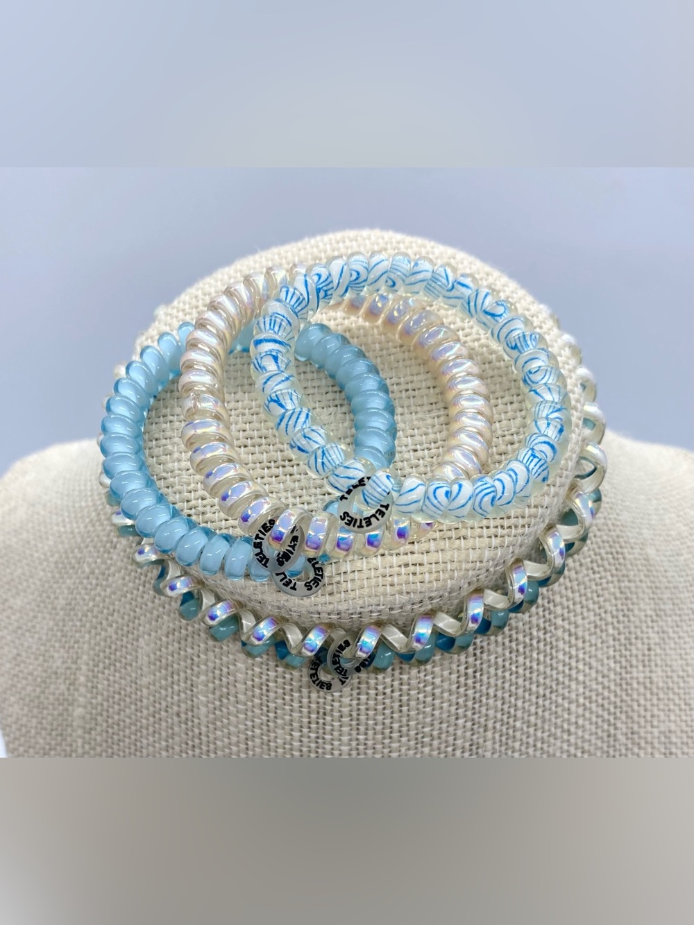 Teleties Spiral Coil Hair Ties Blue Clear Boho Fall Preppy Coastal Cowgirl